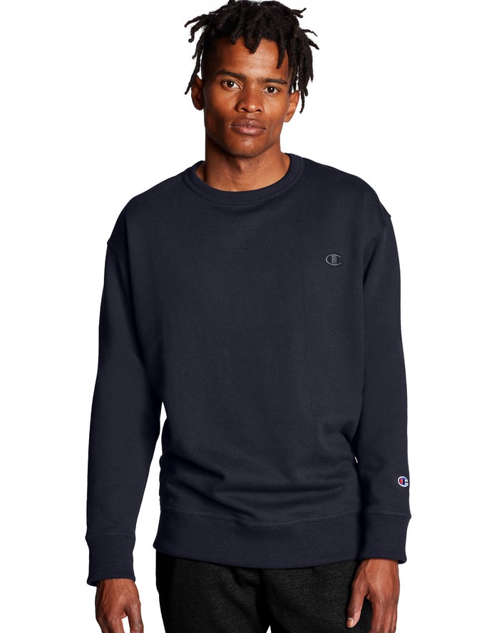 Champion Herre Sweatshirt Mørkeblå - Powerblend Fleece Crew C Logo - Danmark IJC-290684